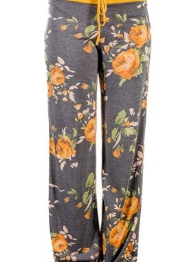 Women's Floral Lounge Pants - Charcoal with Orange Roses